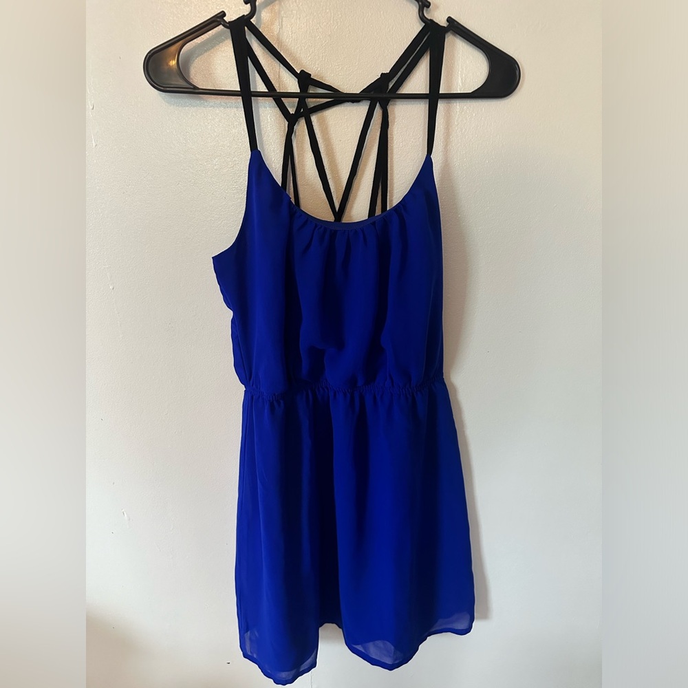 Charlotte Russe Blue Silk Dress Black Strap Tie Back, Size Small